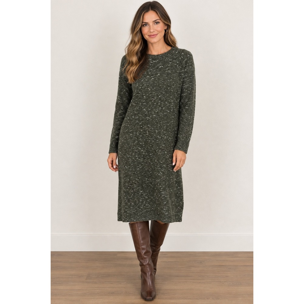 Talbots Midi Sweater Dress XL Green Marled Pointelle Knit Long Sleeve Fall